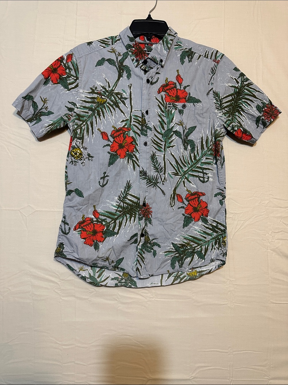 Hurley Light Blue Short-Sleeve Button-Up Shirt with Red Floral Print